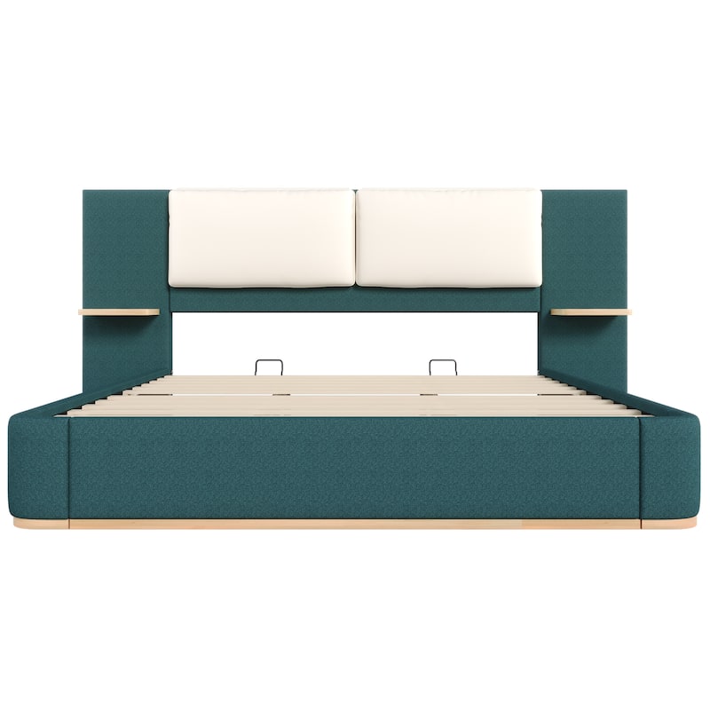 Roomfitters King Size Upholstered Platform Bed Frame, Modern Panel Headboard with Rounded Corners, Solid Wood Slats