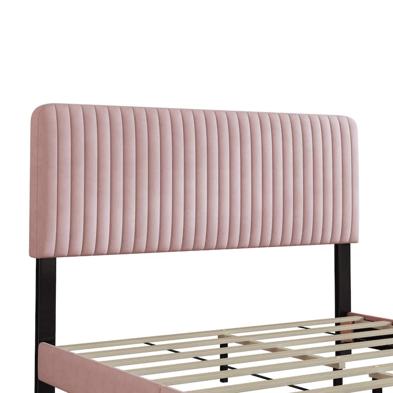Pink Queen Size Elegant Velvet Upholstered Platform Bed, Sturdy Wood ...