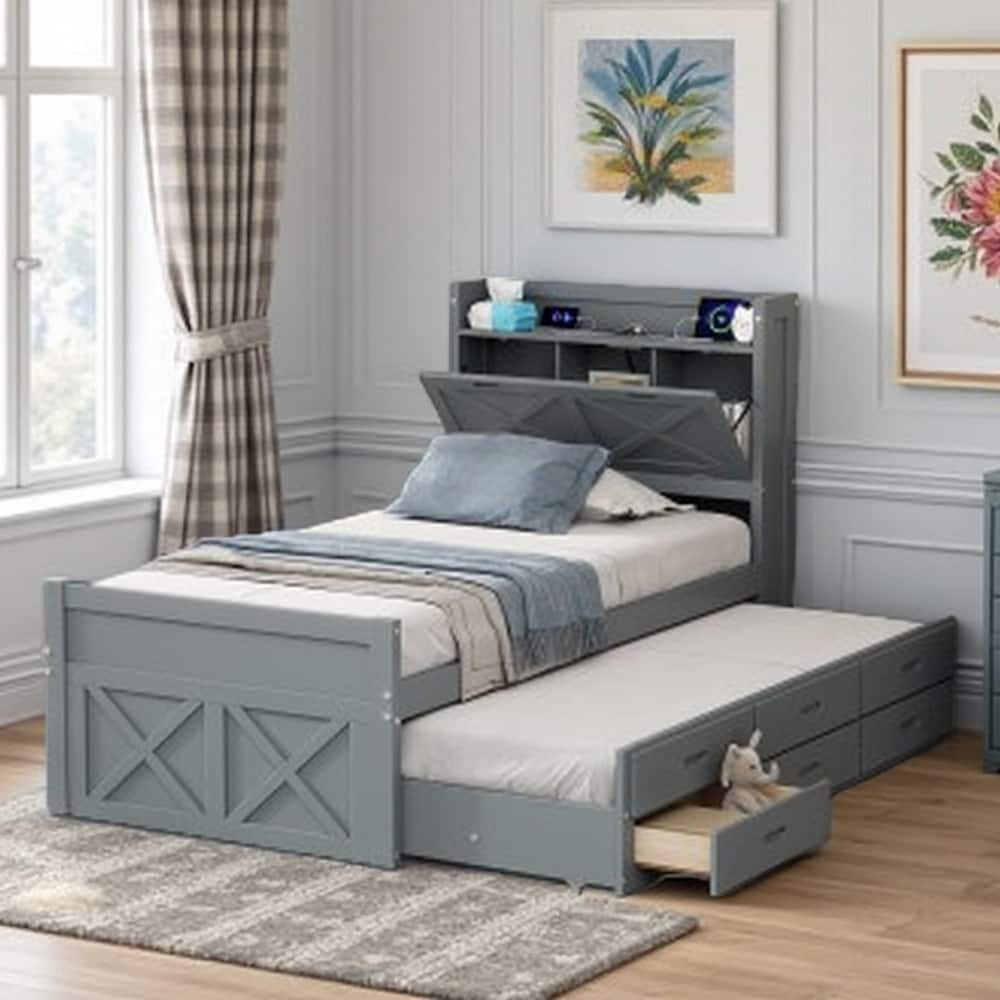 Full Size Wooden Bed with Storage Headboard and Built-in Outlets, Extendable Twin Trundle with 3 Drawers