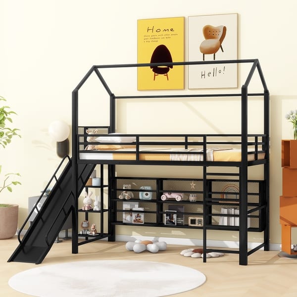 slide 2 of 7, Metal Twin Size House Loft Bed Frame with Storage Iron Mesh Shelves, Slide, Ladder and Guardrails for Kids, Teens - Black Black - Twin