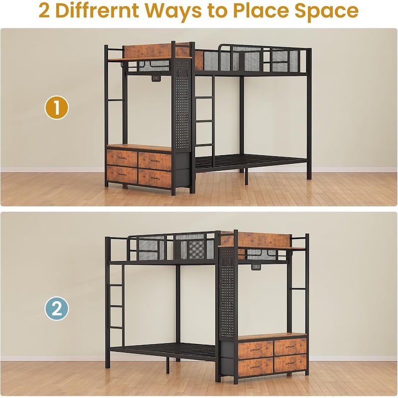 Metal Bunk Bed Twin Over Twin with Hall Tree 4 Storage Drawers