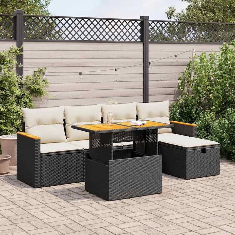 vidaXL Patio Sofa Set with Cushions Outdoor Furniture 6 Piece Poly Rattan - Black and Cream-with storage - 21.7 x 39.4 x 28.7