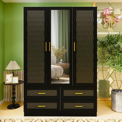 3 Door Armoire Wardrobe Closet with Drawer and Hanging Rod, Wooden Wardrobe Storage Closet Cabinet Organizer