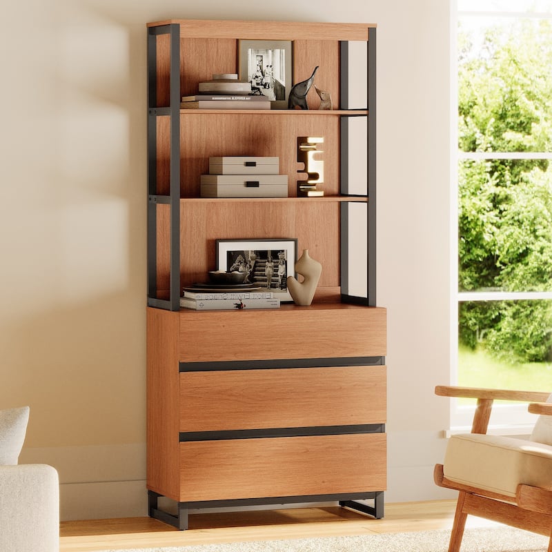 WAMPAT Modern 72" Tall Bookcase with Drawers and Open Book Shelfs, Library Book Shelf for Home Office, Living Room - 1 Piece - Mocha