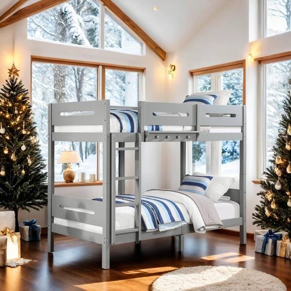 slide 2 of 14, Artsy Twin over Twin Bunk Bed with Removable Ladder, Hanger and 14+14 Slat System, Space-Saving Knock-Down Design Grey