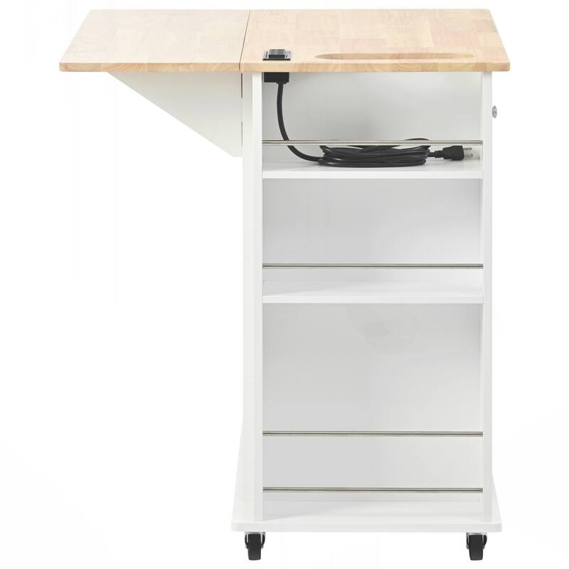 Kitchen Island with Power Outlet,Kitchen Storage Island with Drop Leaf and Rubber Wood,Open Storage and Wine Rack