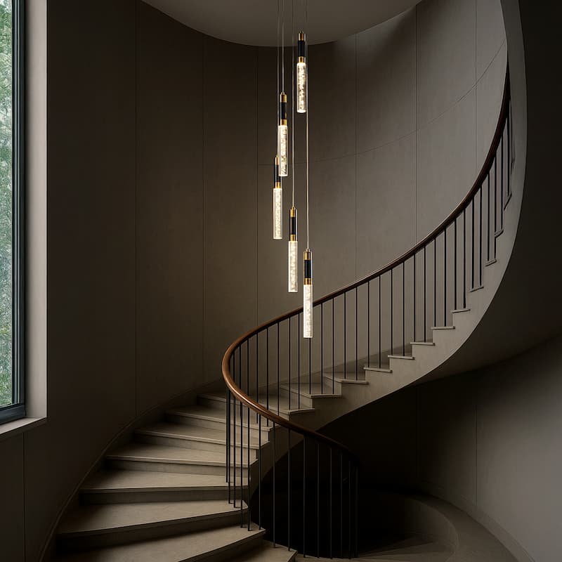 12'' Modern 5-Light Seeded Bubble Glass Cluster Integrated LED Staircase Chandelier Pendant Light In Matte Black - W12''