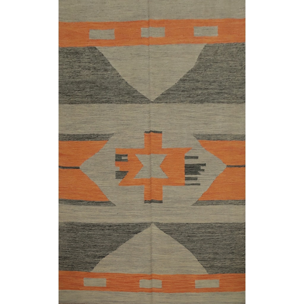 Hand Woven Oriental 100% Wool Carpet Southwestern Modern Greys & Charcoal Kilim Area Rug - 6' 8'' X 4' 9''