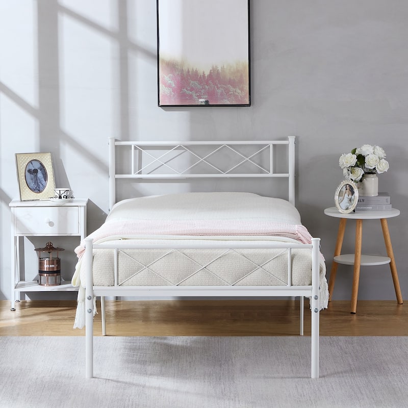 VECELO Modern Premium Metal Platform Bed Frames, Twin/Full/Queen Size Bed, Student apartment Beds - White - Twin