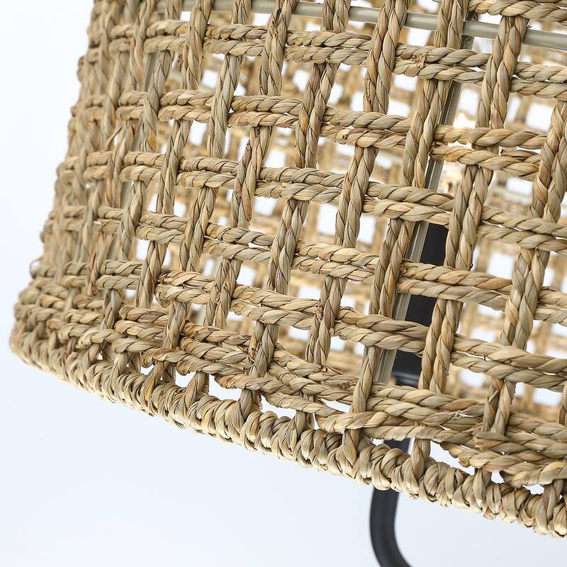 4-Light Bohemian Hand Woven Drum Chandelier - W20" x H75.6" - Black/Straw - Straw - 20 in. W