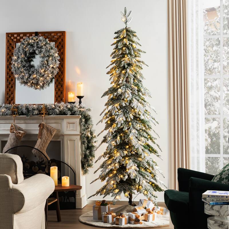 Glitzhome Pre-Lit Flocked Pencil Spruce Artificial Christmas Tree with Warm White Lights