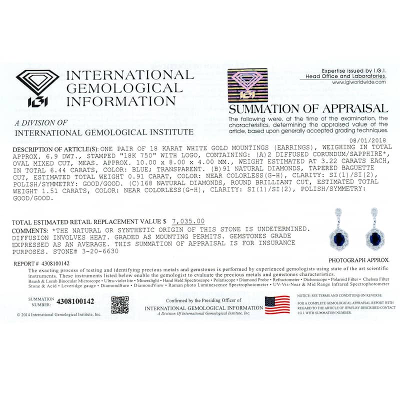 Auriya Fancy 6 3/8ct Royal Blue Sapphire Oval and 2 3/8ctw Halo Diamond Earrings 18K Gold