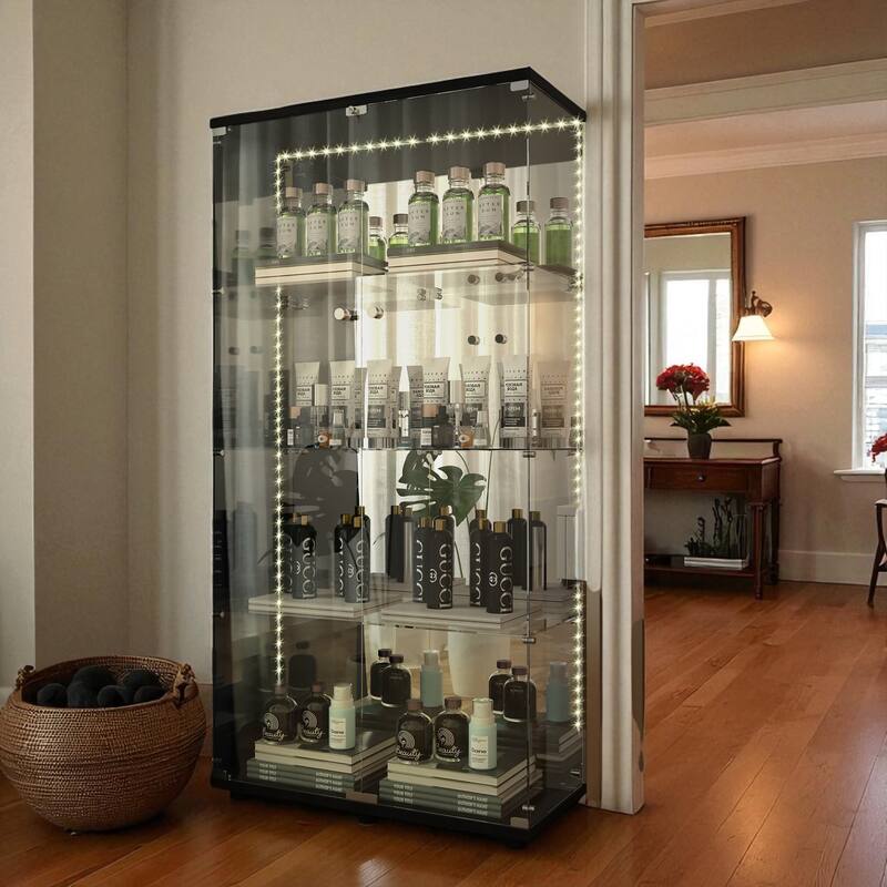 65" Tempered Glass Display Cabinet with Mirror Back, Bluetooth LED Lights, Lockable Doors, Liquor & Storage Cabinet
