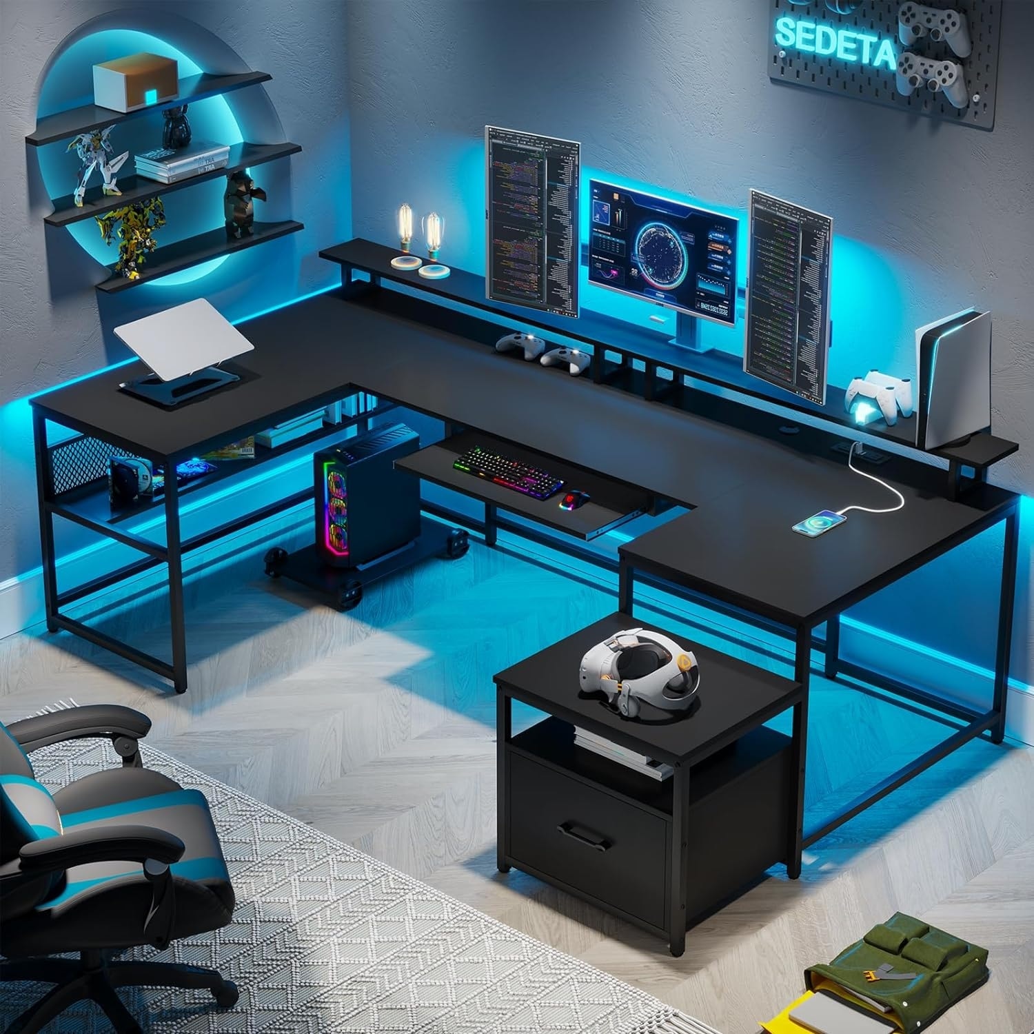 U Shaped Computer Desk L Shaped Gaming Desk File Drawer