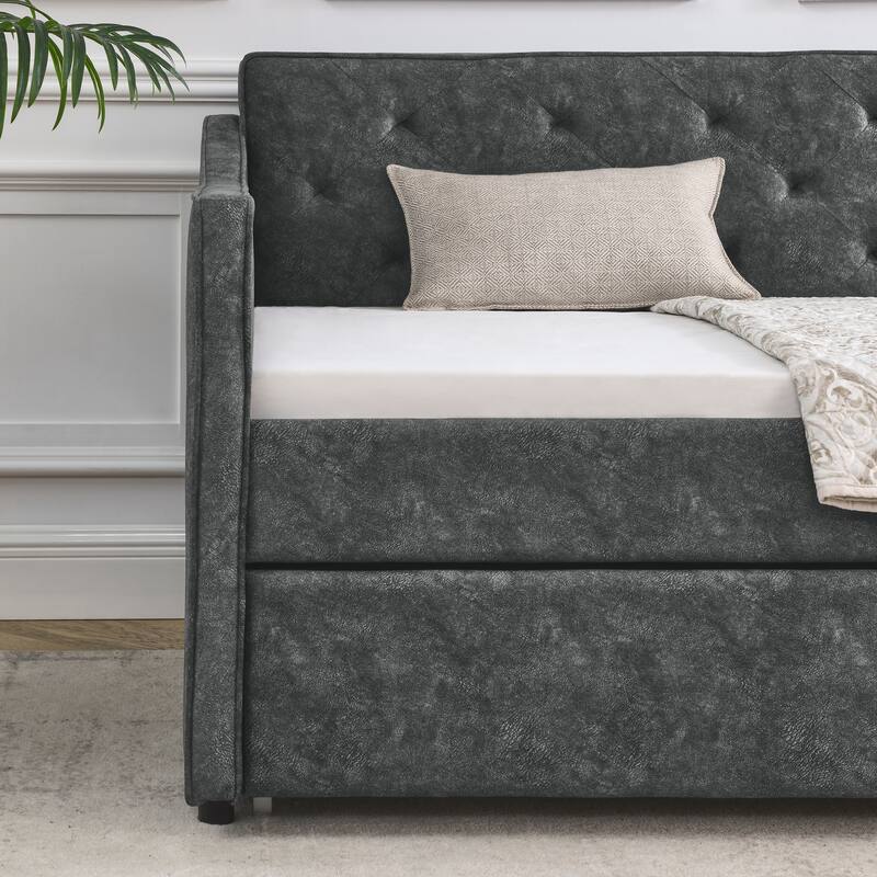 Roomfitters Twin Upholstered Daybed with Twin Trundle, Tufted Backrest and Elegant Waved Arms