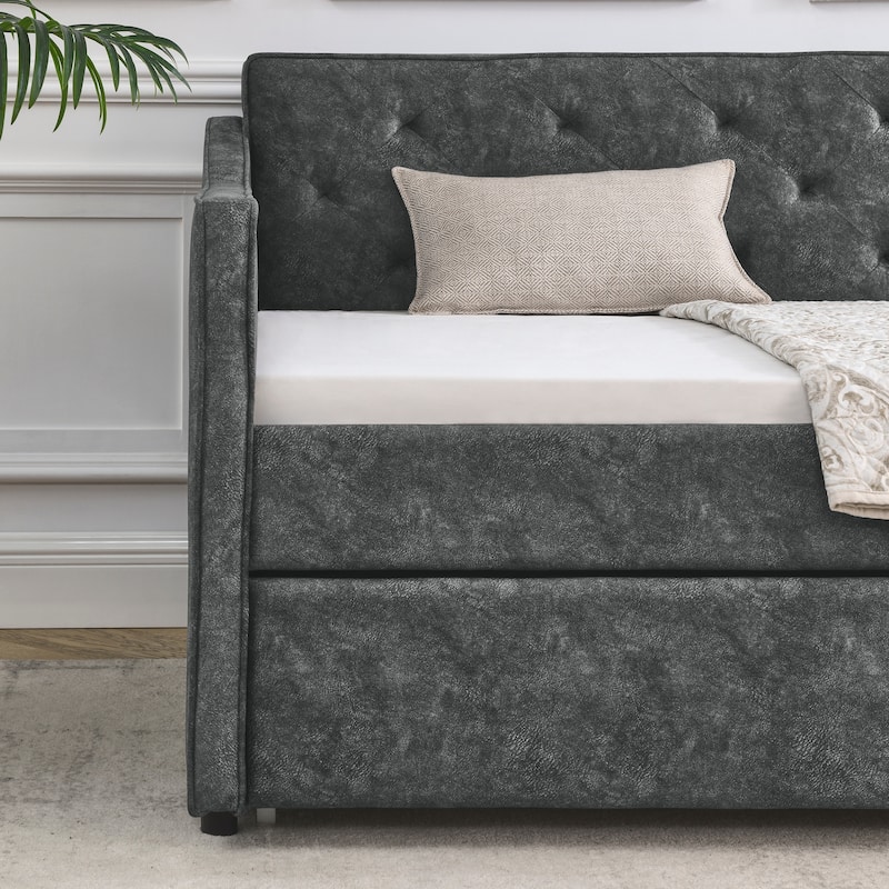 Twin Size Daybed with Twin Size Trundle Upholstered Tufted Sofa Bed, Waved Shape Arms, Grey (80.5"x44.5"x33.5")