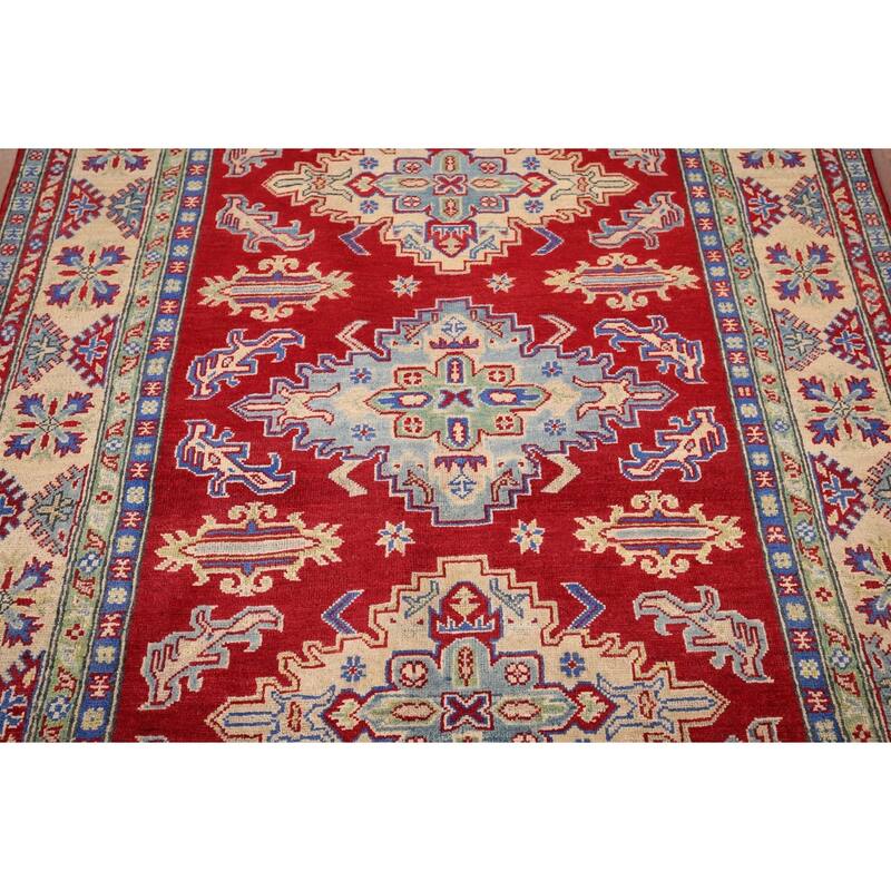 Geometric Red Kazak Rug Handmade Oriental Wool Carpet - 5'1" x 6'9"