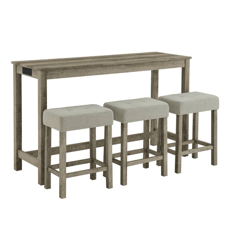 59" Counter Height Bar Table Set with Power Outlet, Industrial Breakfast Table with 3 Stools, 4 Piece Bar Table and Chairs Set