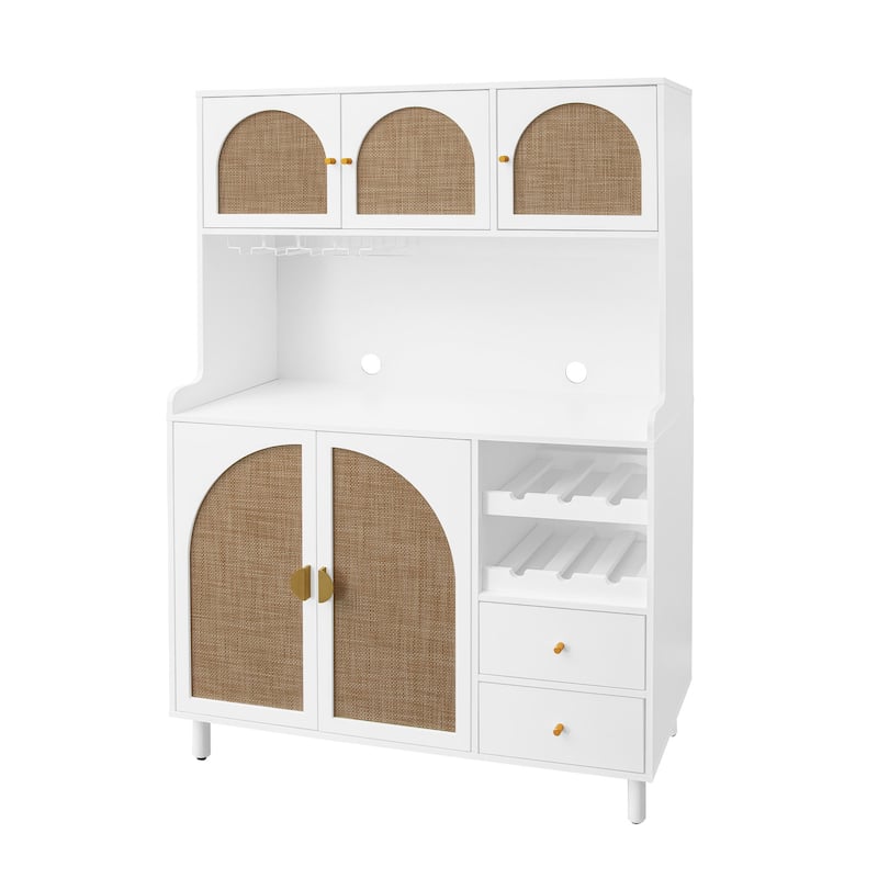 Roomfitters Accent Storage Cabinet with Rattan Doors, Buffet Sideboard with Wine Rack and Drawers, White