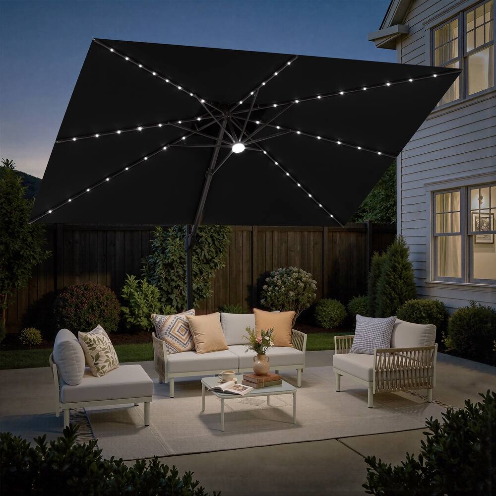 9 x 12 FT Outdoor Square Double Top Solar Powered LED Patio Cantilever Umbrella