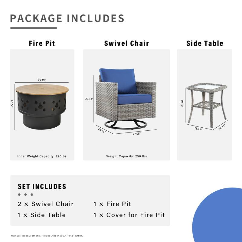 HOOOWOOO Patio Furniture 4piece Wicker Swivel Chair Set with Wood