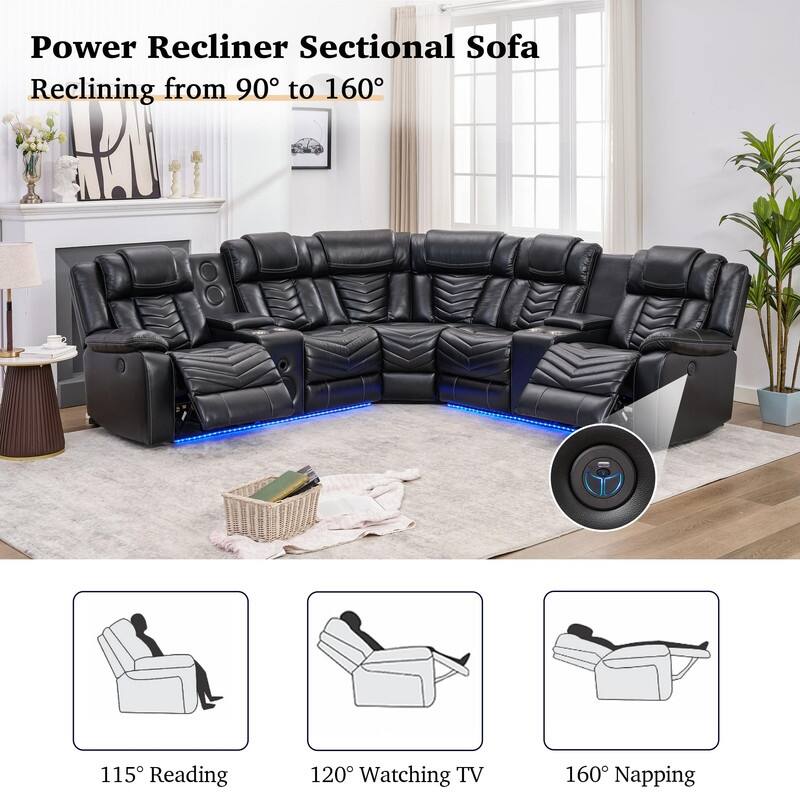 Comfort Stretch Black Faux Leather Power Reclining Sectional Sofa w/Bass Speaker LED Light USB Port,Cup Holder,Storage Console