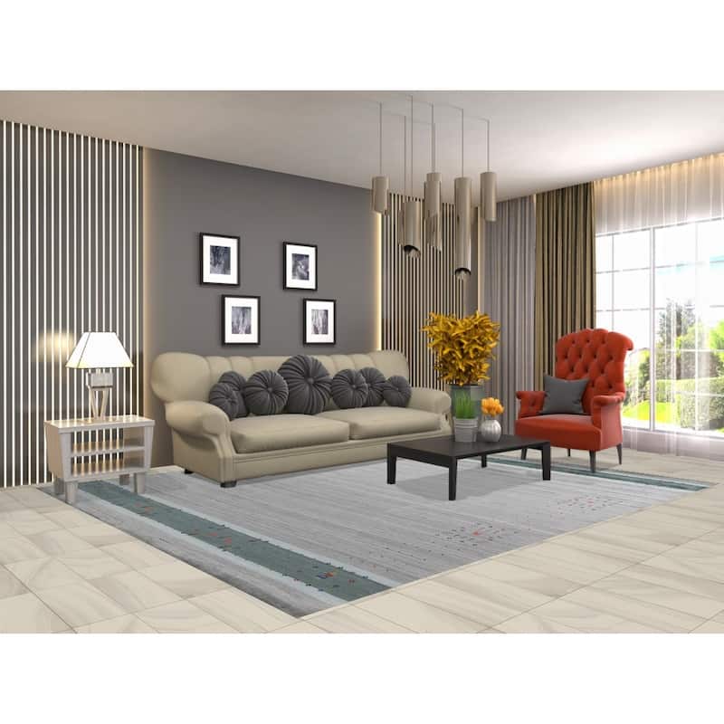 Tribal Gabbeh Indian Area Rug Hand-Knotted Grey Modern Wool Carpet - 8'0" x 9'8"
