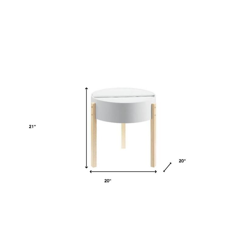 21" Round White and Natural Brown Wood End Table with Hidden Storage for Living Room Decor - 20"Dia x 21"H