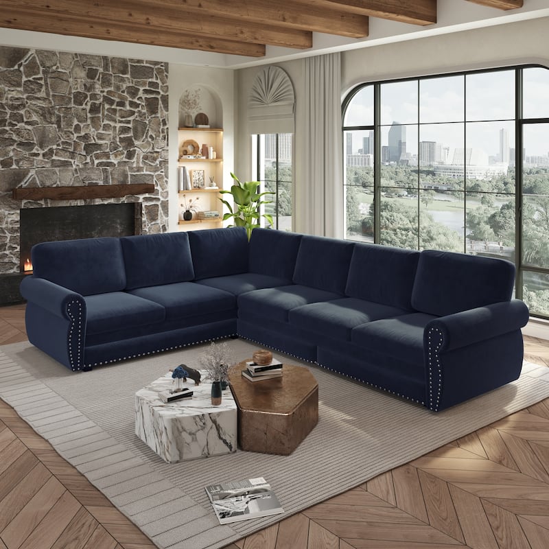 L-Shaped Sectional Sofa with Pull-Out Bed, Oversize Convertible Sleeper Sofa with Rolled Arms, Chenille Upholstery