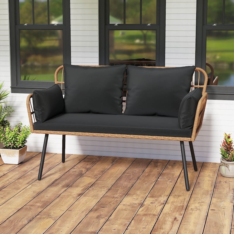 Costway Patio Wicker Loveseat Furniture with Seat Back Cushions, - See Details - Black