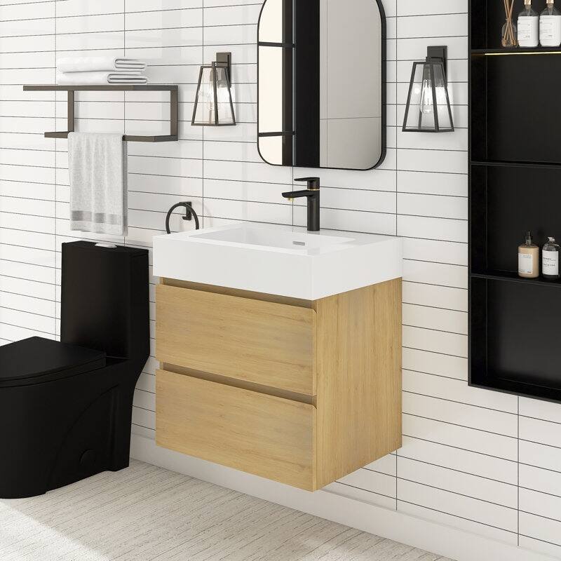 24/30/36 inch Wall-Mounted Bathroom Vanity Set in Oak with Integrated Resin Sink