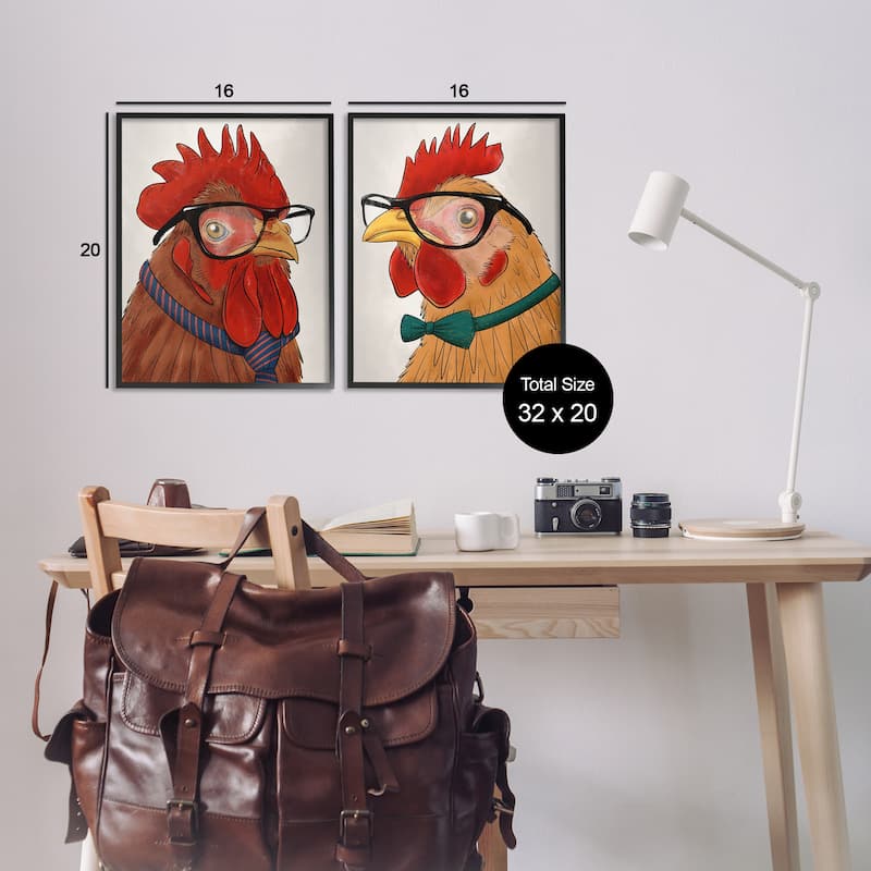 Stupell Quirky Hipster Roosters Framed Giclee Art Design By Marcus Prime (Set of 2)