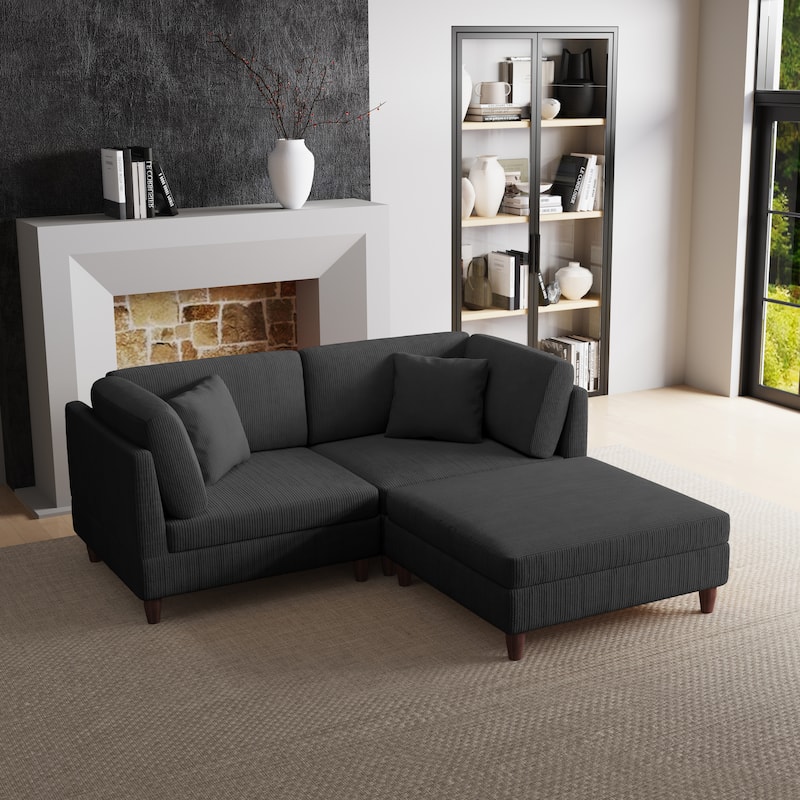 Corduroy Modular Sectional Sofa Set With Ottoman - 3 Pieces/Grey - Symmetrical