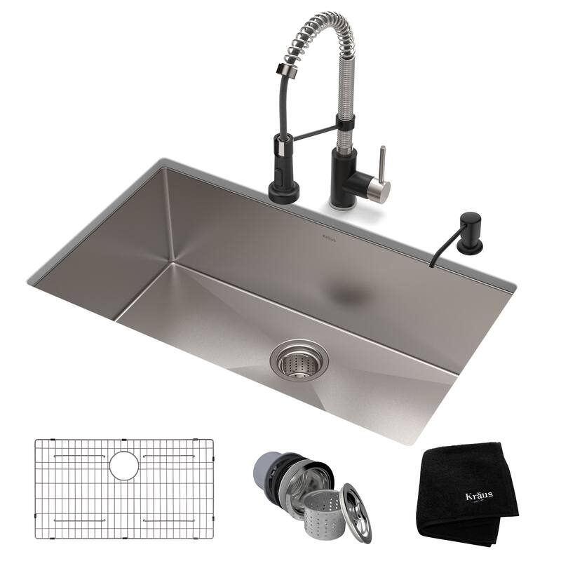 Kraus 3-in-1 Set Undermount Kitchen Sink, Pulldown Faucet, Dispenser - Stainless Steel/ Matte Black