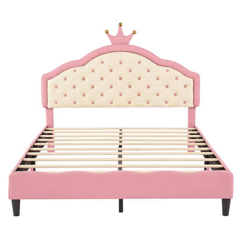 Princess Bed with Crown Headboard and Tufted PU Leather, Dreamy Design, Full and Twin Size, Comfortable and Sturdy for Bedroom