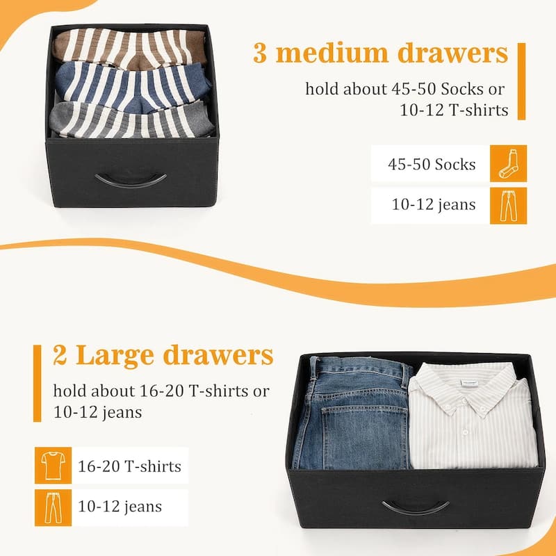 Dresser for Bedroom with 5 Fabric Drawers, Tall Chest Organizer Units for Clothing, Closet, Kidsroom, Storage Tower with Cabinet