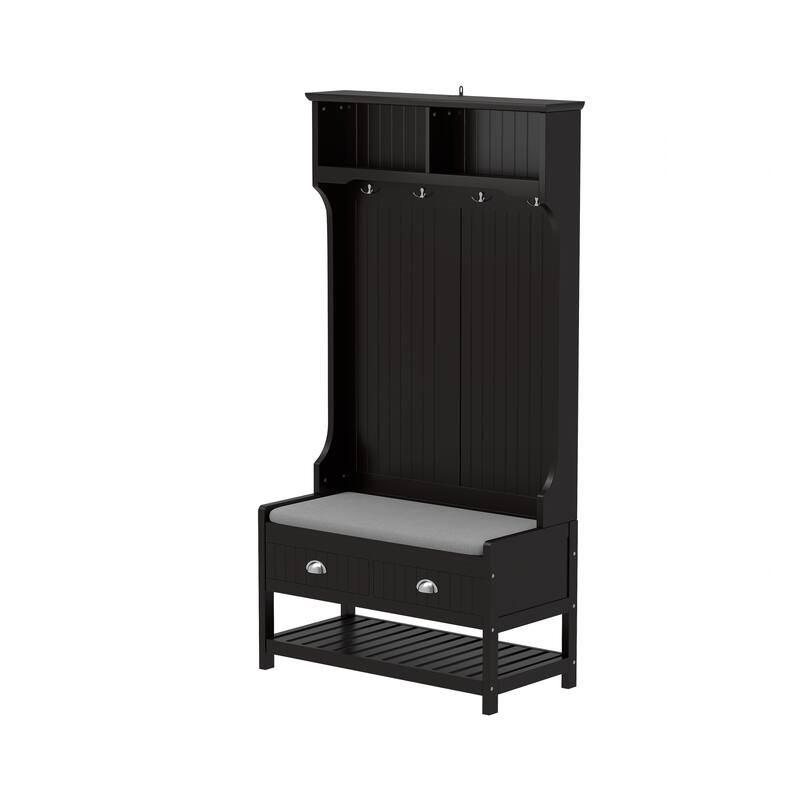 3-in-1 Hallway Hall Tree with 2 Storage Drawer and 4 Coat Rack,Shoe Rack Bench with Padded Seat Cushion,with Top Storage Shelf