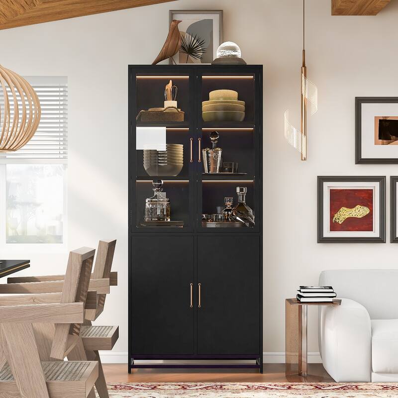 76.75"Tall Display Cabinet,with Glass Doors and LED Lights,Steel Curio Cabinet with 3-Sided Glass,Pantry Cabinet with Storage
