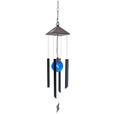 Solar Wind Chimes w/ Color Changing Crackle Glass Globe Light w/ Butterfly & 4 Iron Tubes - Outside Hanging Led Outdoor Light