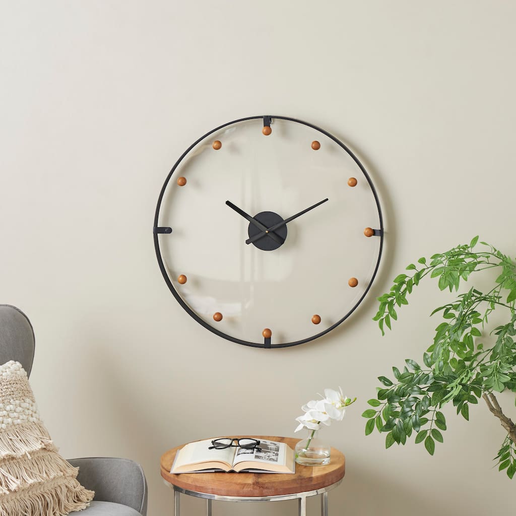 Gold or Black Metal Wall Clock with Acrylic Face and Ball Accents