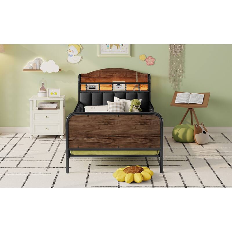 Roomfitters Twin/Full Metal Platform Bed, LED Storage Headboard and Guardrails with Metal Frame for Bedroom or Guest Room