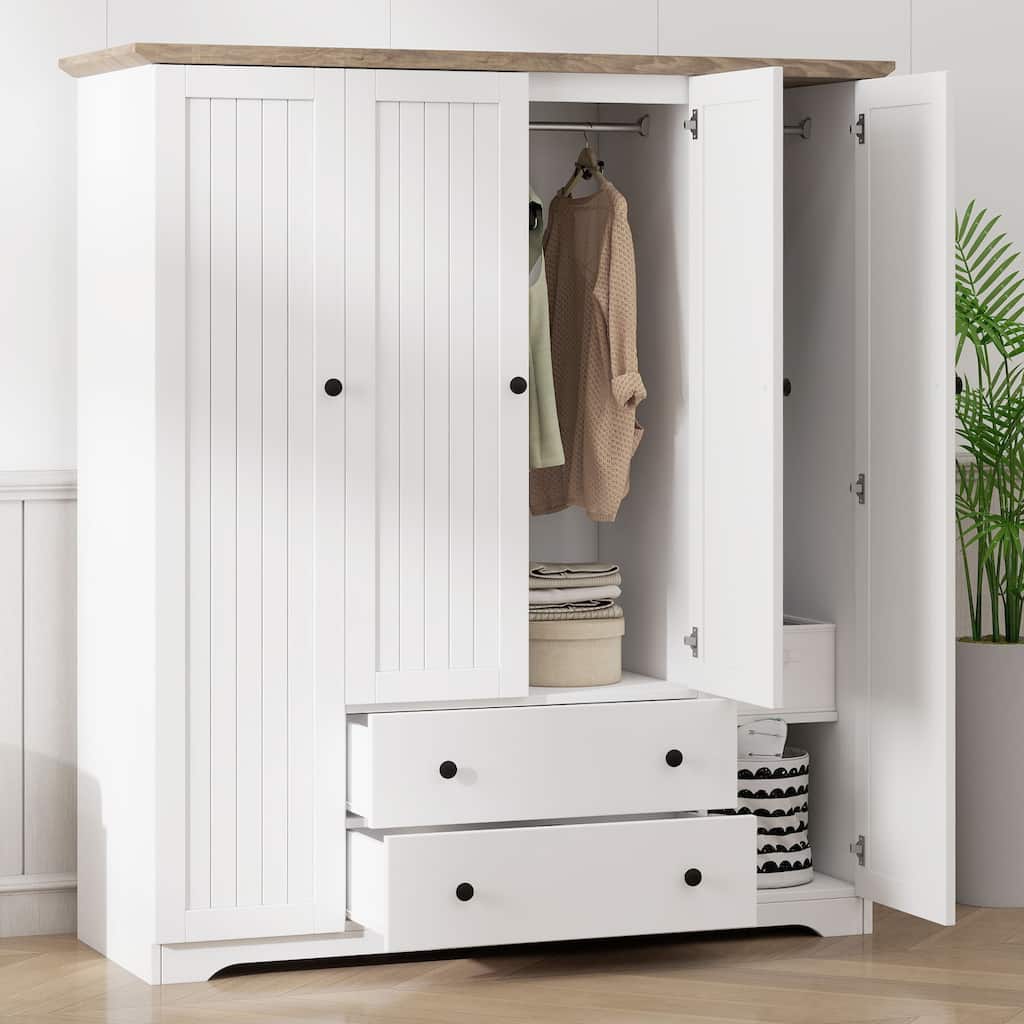 White 4-Door Wardrobe Armoire Closet with 2 Drawers, Clothing Storage Cabinet Organizer with Hanging Rod
