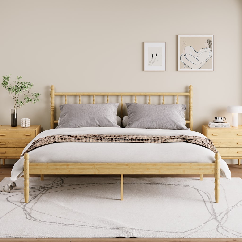 Natural Bamboo Spindle Platform Bed with Headboard