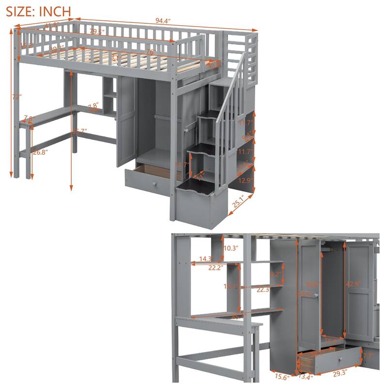Twin size Loft Bed with Bookshelf,Drawers,Desk,and Wardrobe