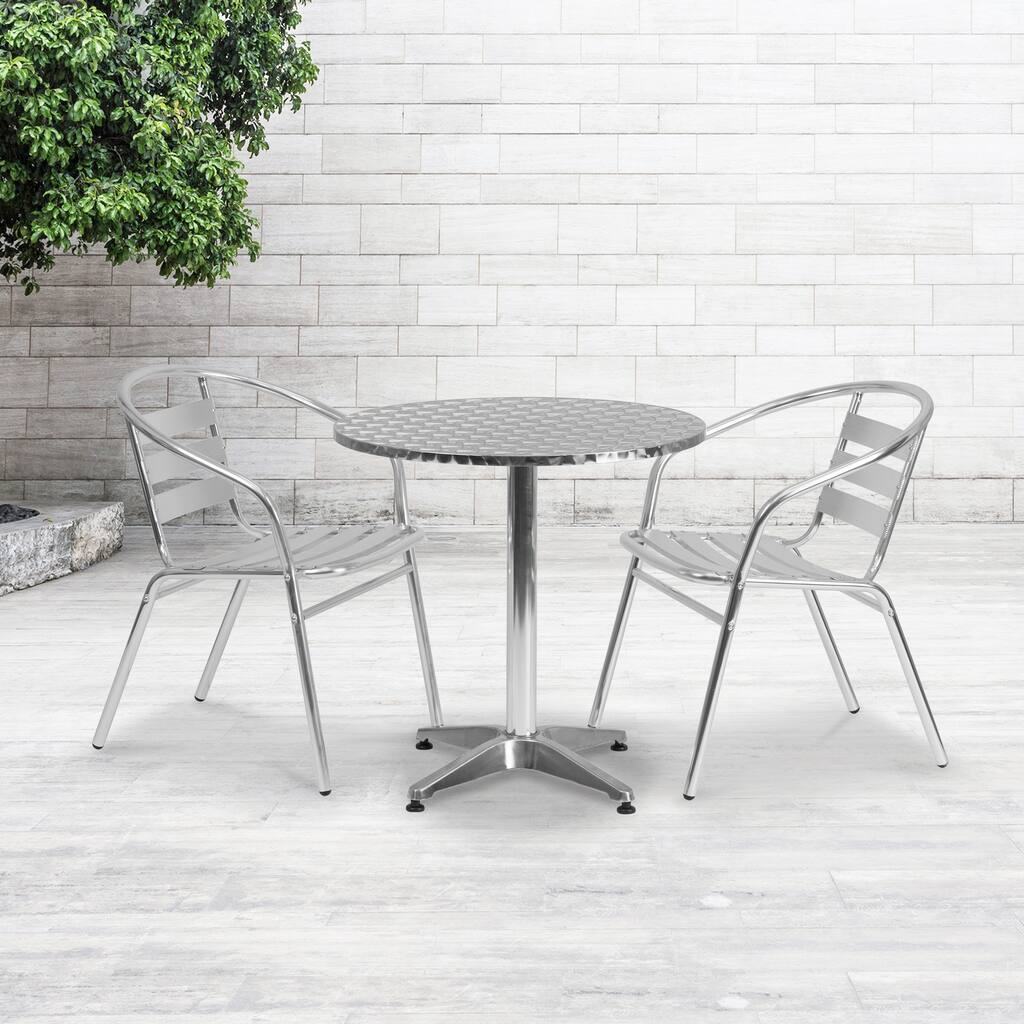 27.5" Round Aluminum Indoor-Outdoor Table Set with 2 Slat Back Chairs - 27.5"W x 27.5"D x 27.5"H - 27.5"W x 27.5"D x 27.5"H