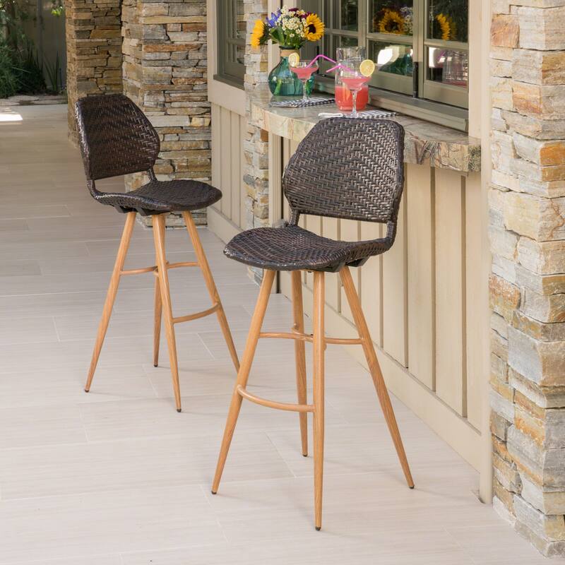 Roomfitters 2-Piece Outdoor Wicker Bar Stools, Modern Rattan Patio High Dining Chairs with Metal Legs and Footrest, Brown