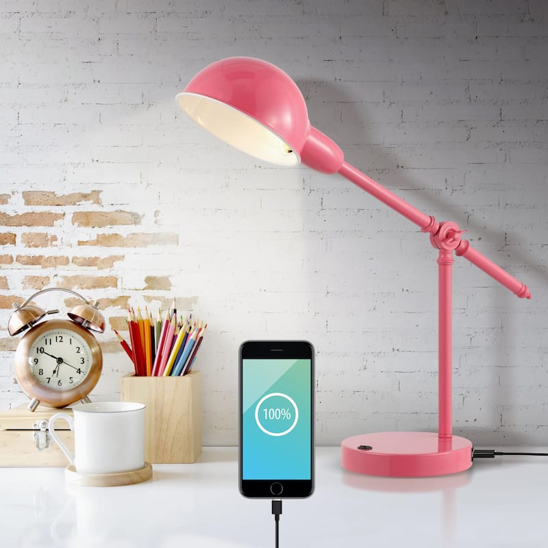 Allegra 20.25" Vintage Industrial Iron Adjustable Dome Shade LED Task Lamp with USB Charging Port, by JONATHAN Y