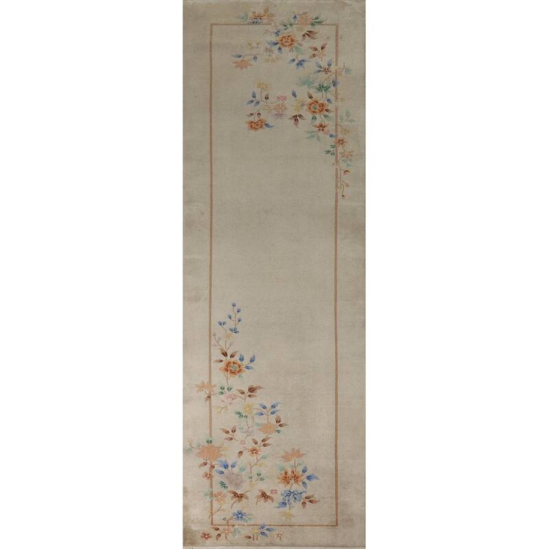 Vegetable Dye Art Deco Chinese Vintage Runner Hand-Knotted Wool Carpet - 3'0" x 11'8"