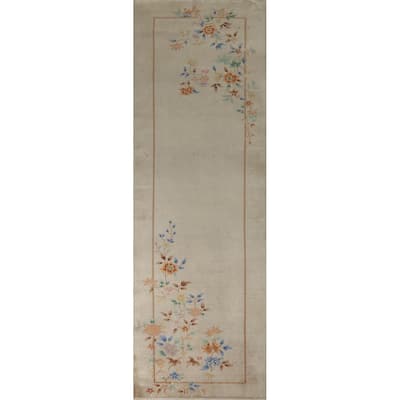 Vegetable Dye Art Deco Chinese Vintage Runner Hand-Knotted Wool Carpet - 3'0" x 11'8"