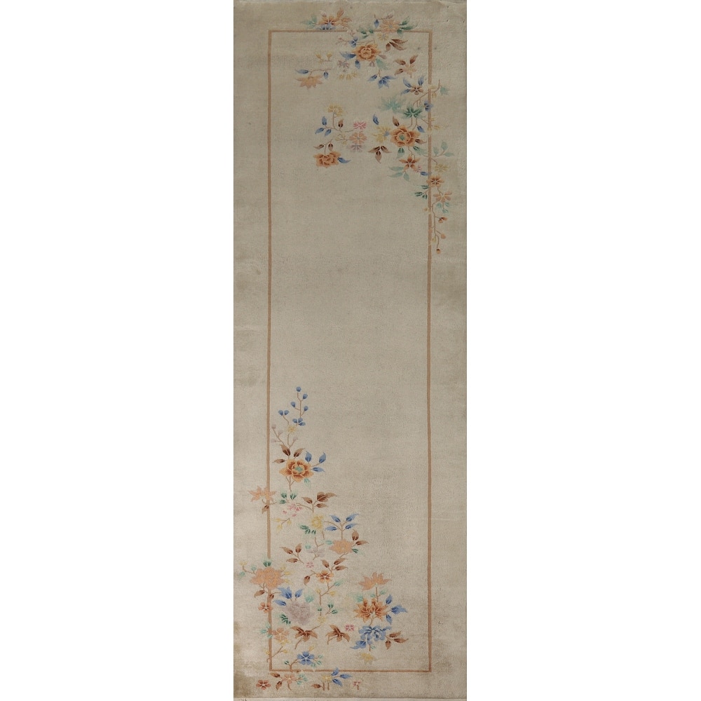 Hand Knotted Oriental 100% Wool Carpet Traditional Floral Beige & Ivories Art Deco Runner Rug - 11' 8'' X 3' 0''